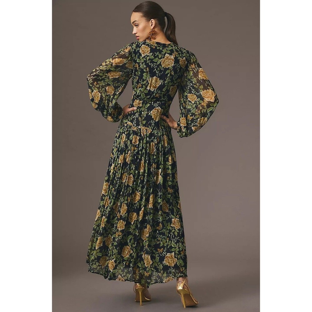 Anthropologie Black Floral Maxi Dress with Mustard Roses - Picture 2 of 11